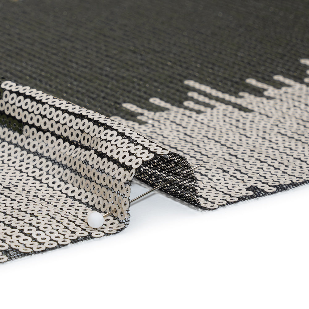 Baby Sequins on Black Stretch Mesh - Olive Green, Light Beige and Tan Ikat Stripes - Deadstock