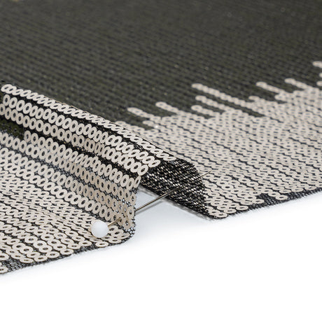 Baby Sequins on Black Stretch Mesh - Olive Green, Light Beige and Tan Ikat Stripes - Deadstock
