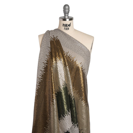 Baby Sequins on Black Stretch Mesh - Olive Green, Light Beige and Tan Ikat Stripes - Deadstock