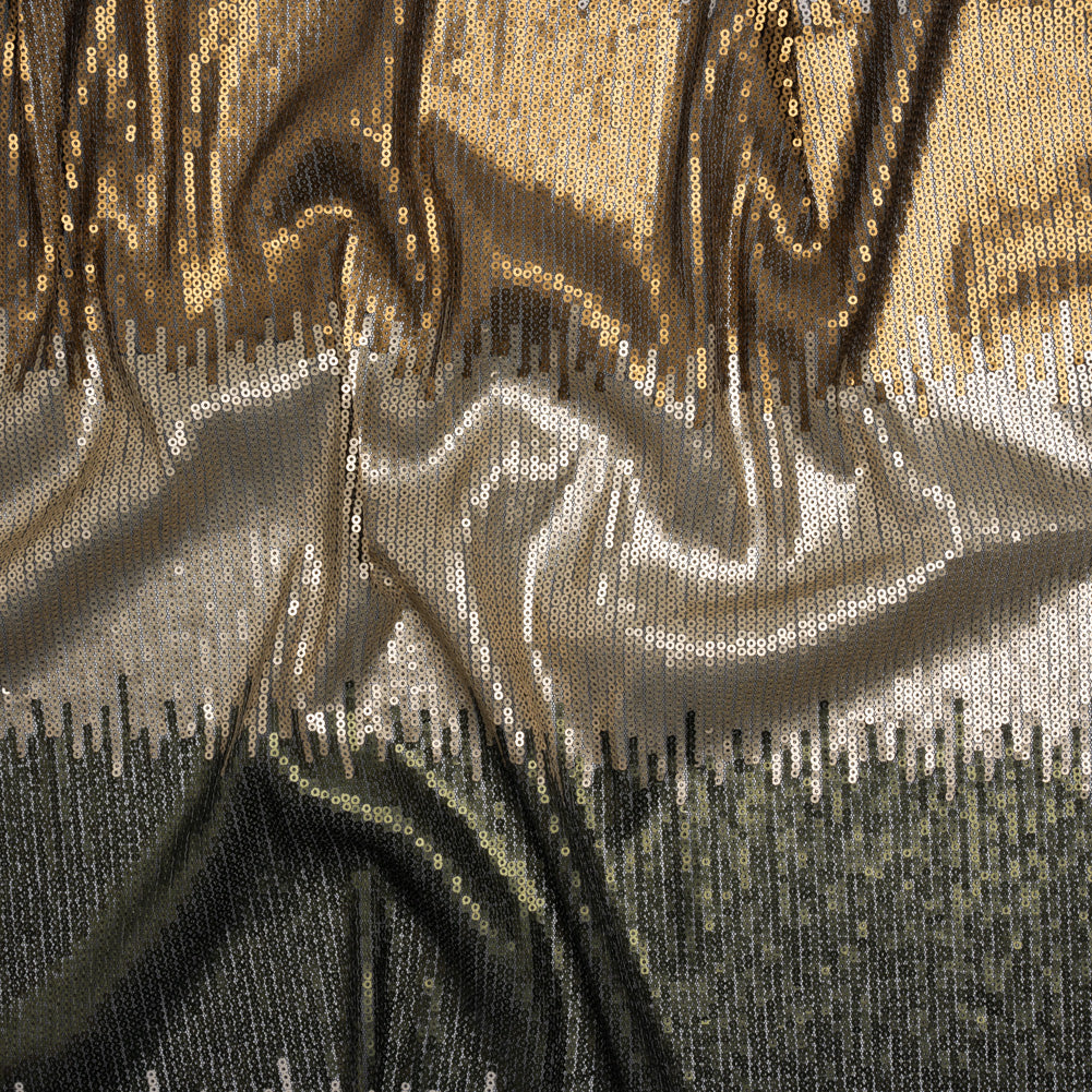Baby Sequins on Black Stretch Mesh - Olive Green, Light Beige and Tan Ikat Stripes - Deadstock