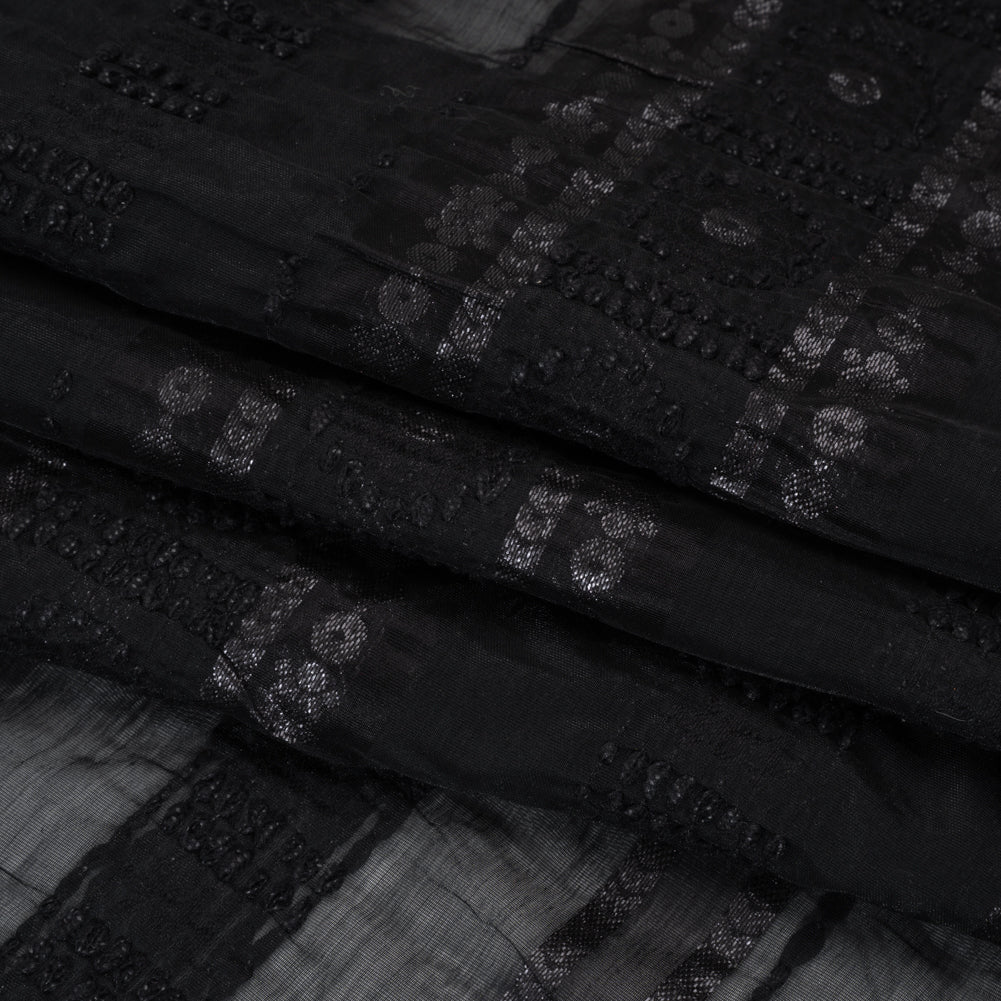 Textured Burnout Brocade - Metallic Black Circles and Stripes - Deadstock