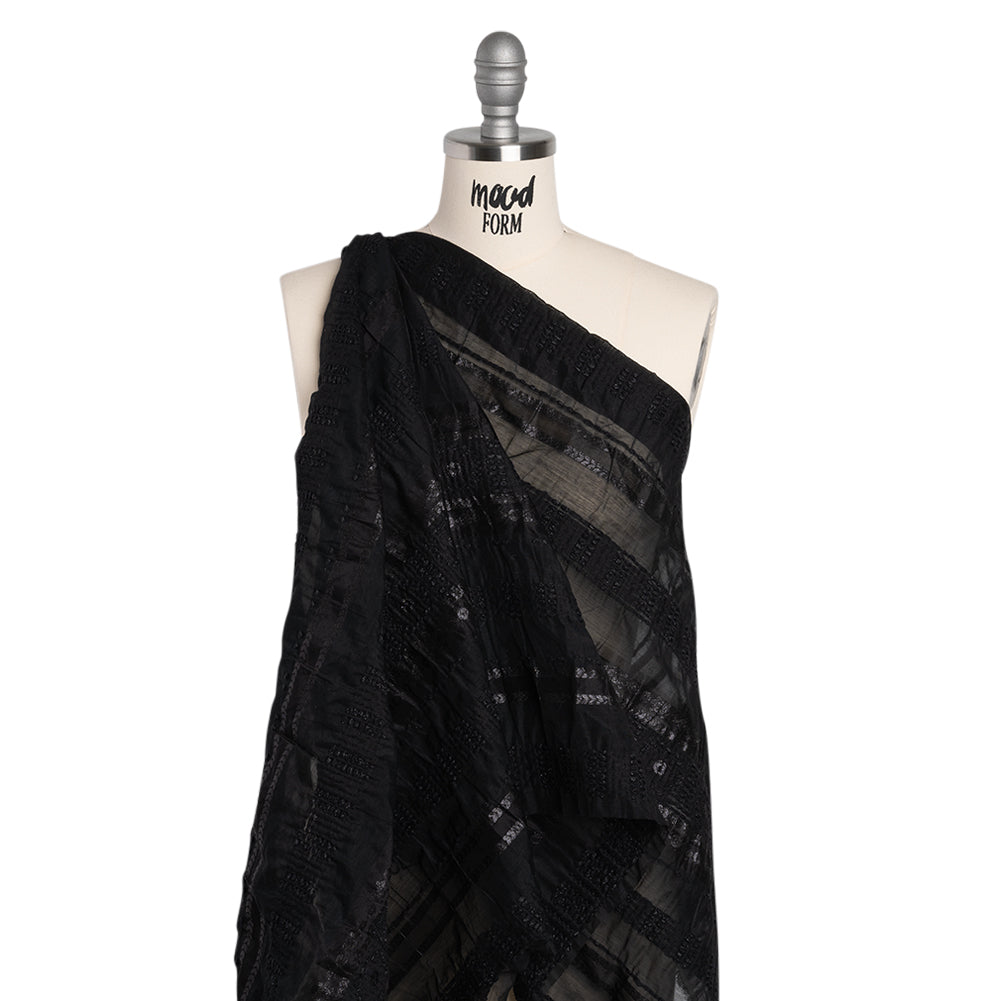 Textured Burnout Brocade - Metallic Black Circles and Stripes - Deadstock
