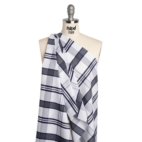 Cotton Shirting - Charcoal, White and Navy Plaid - Designer Deadstock