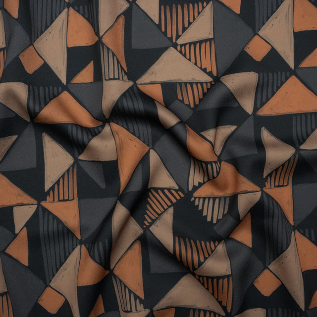 Polyester Crepe-Back Satin - Midnight, Taupe and Burnt Orange Painterly Triangles - Mood Exclusive Fractured Forms Print