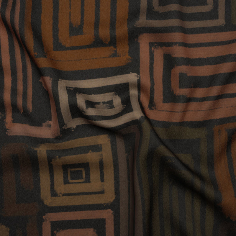 Polyester Crepe-Back Satin - Green, Brown and Black Painterly Blocks - Mood Exclusive Spiral Fusion Print