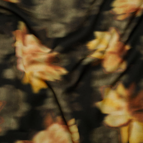 Polyester Crepe-Back Satin - Yellow, Tan and Olive Green Blurred Florals - Mood Exclusive Blurring Blossoms Print