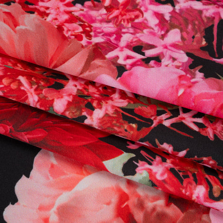 Polyester Crepe-Back Satin - Pink, Red and Black Floral - Mood Exclusive Chrysanthemum Clarity Print
