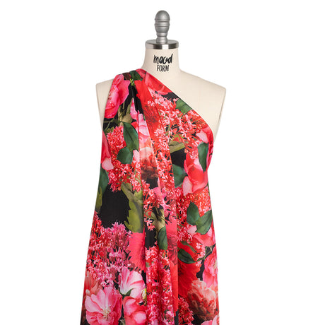 Polyester Crepe-Back Satin - Pink, Red and Black Floral - Mood Exclusive Chrysanthemum Clarity Print