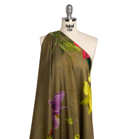 Polyester Crepe-Back Satin - Olive Green, Purple and Red Floral - Mood Exclusive Up Close and Blooming Print