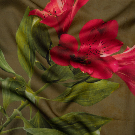Polyester Crepe-Back Satin - Olive Green, Purple and Red Floral - Mood Exclusive Up Close and Blooming Print