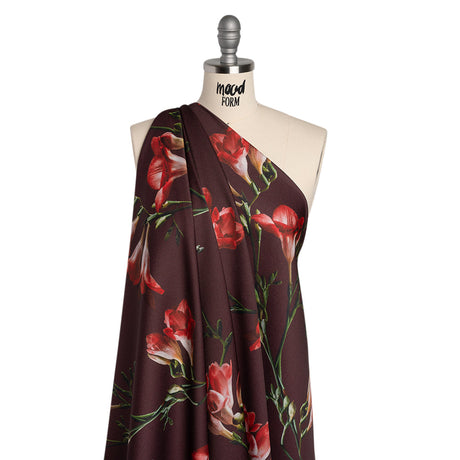 Polyester Crepe-Back Satin - Burgundy, Red and Green Floral - Mood Exclusive Amaryllis Affair Print