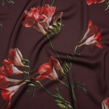 Polyester Crepe-Back Satin - Burgundy, Red and Green Floral - Mood Exclusive Amaryllis Affair Print