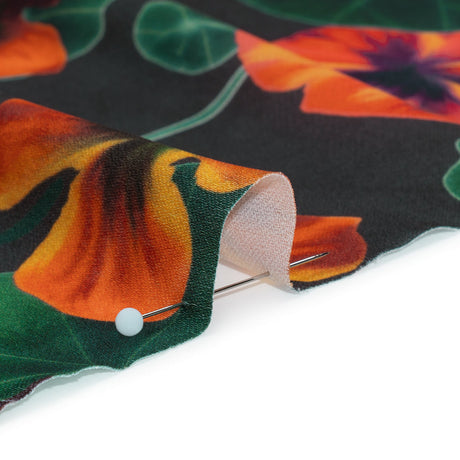 Polyester Crepe-Back Satin - Dark Green and Orange Flowers and Lily Pads - Mood Exclusive Climbing Crocus Print