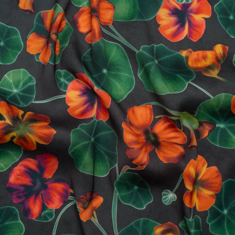 Polyester Crepe-Back Satin - Dark Green and Orange Flowers and Lily Pads - Mood Exclusive Climbing Crocus Print
