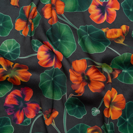 Polyester Crepe-Back Satin - Dark Green and Orange Flowers and Lily Pads - Mood Exclusive Climbing Crocus Print