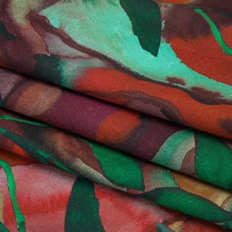 Linen and Rayon Woven - Wine Red and Green Painted Flowers and Leaves - Mood Exclusive Watercolor Wetland Print