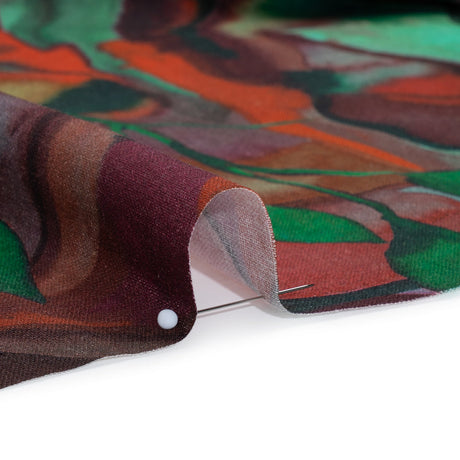 Linen and Rayon Woven - Wine Red and Green Painted Flowers and Leaves - Mood Exclusive Watercolor Wetland Print