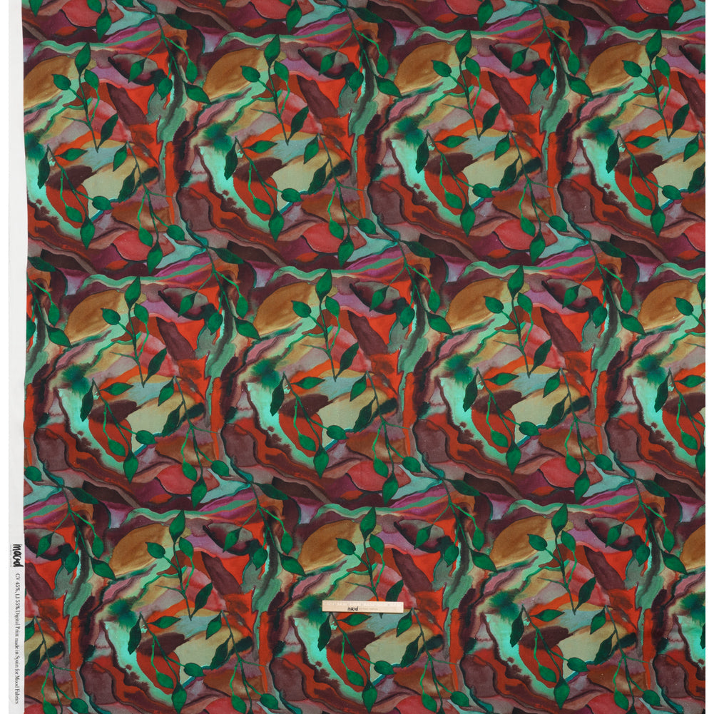 Linen and Rayon Woven - Wine Red and Green Painted Flowers and Leaves - Mood Exclusive Watercolor Wetland Print