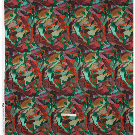 Linen and Rayon Woven - Wine Red and Green Painted Flowers and Leaves - Mood Exclusive Watercolor Wetland Print
