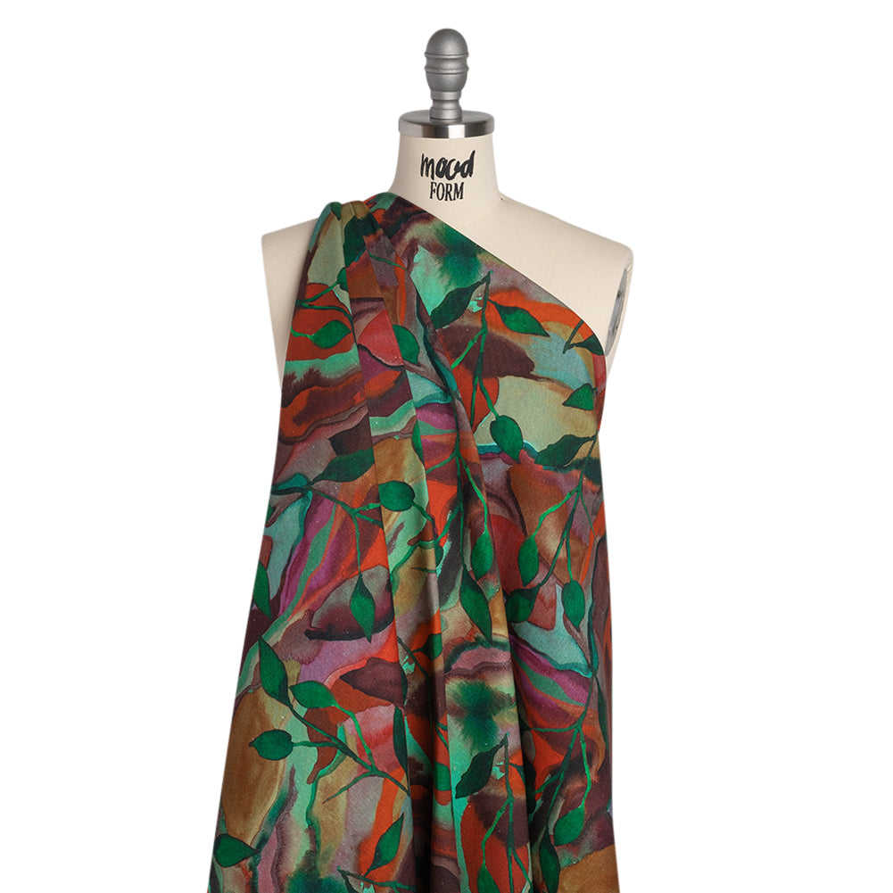 Linen and Rayon Woven - Wine Red and Green Painted Flowers and Leaves - Mood Exclusive Watercolor Wetland Print