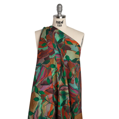 Linen and Rayon Woven - Wine Red and Green Painted Flowers and Leaves - Mood Exclusive Watercolor Wetland Print