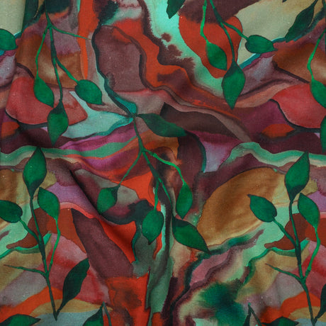 Linen and Rayon Woven - Wine Red and Green Painted Flowers and Leaves - Mood Exclusive Watercolor Wetland Print