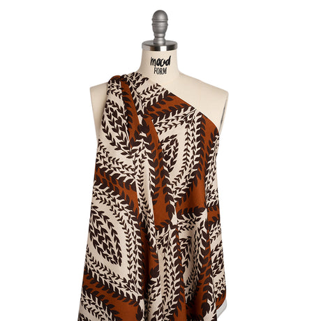 Linen and Rayon Woven - Burnt Orange, Brown and Cream Leafy Ogees - Mood Exclusive Lazy River Print