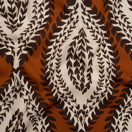 Linen and Rayon Woven - Burnt Orange, Brown and Cream Leafy Ogees - Mood Exclusive Lazy River Print