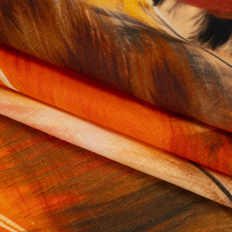 Linen and Rayon Woven - Orange, Goldenrod and Brown Feathers - Mood Exclusive Phoenix Feathers Print