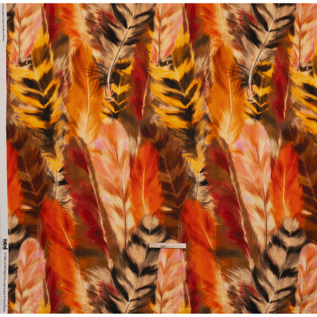 Linen and Rayon Woven - Orange, Goldenrod and Brown Feathers - Mood Exclusive Phoenix Feathers Print