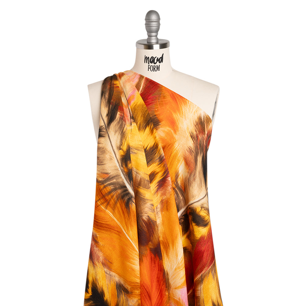 Linen and Rayon Woven - Orange, Goldenrod and Brown Feathers - Mood Exclusive Phoenix Feathers Print