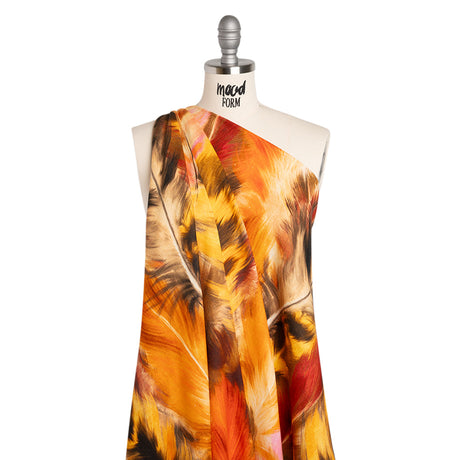 Linen and Rayon Woven - Orange, Goldenrod and Brown Feathers - Mood Exclusive Phoenix Feathers Print