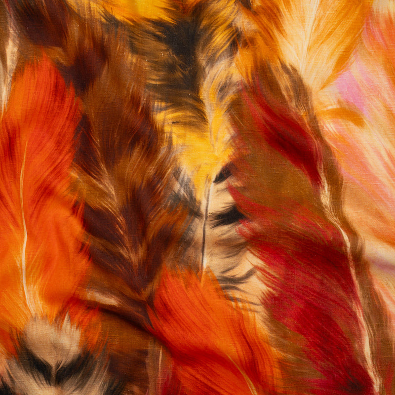Linen and Rayon Woven - Orange, Goldenrod and Brown Feathers - Mood Exclusive Phoenix Feathers Print