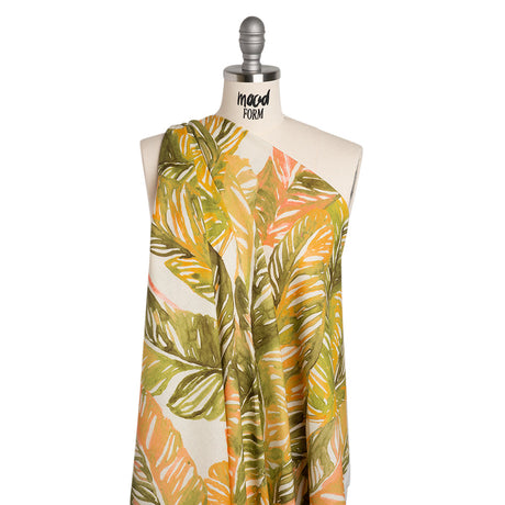 Linen and Rayon Woven - Green and Peach Tropical Leaves - Mood Exclusive Monsterosa Print