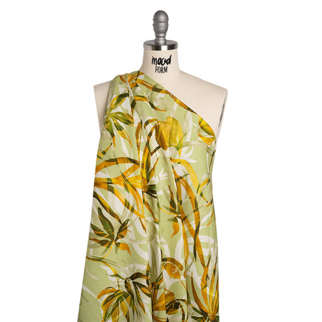 Linen and Rayon Woven - Matcha Green and Yellow Overlapping Leaves - Mood Exclusive Vine Vista Print