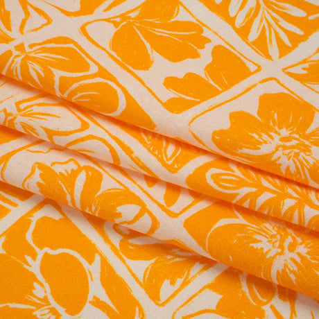 Linen and Rayon Woven - Sunshine Yellow and Cream Leaf and Flower Blocks - Mood Exclusive Terrarium Tendrils Print