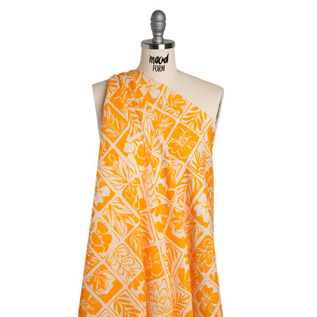 Linen and Rayon Woven - Sunshine Yellow and Cream Leaf and Flower Blocks - Mood Exclusive Terrarium Tendrils Print