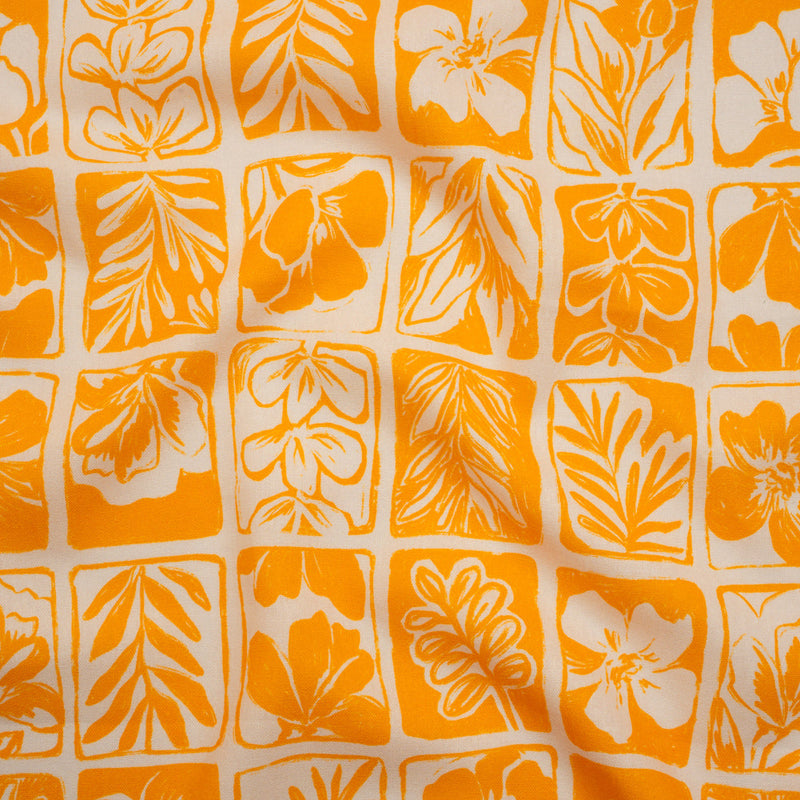 Linen and Rayon Woven - Sunshine Yellow and Cream Leaf and Flower Blocks - Mood Exclusive Terrarium Tendrils Print