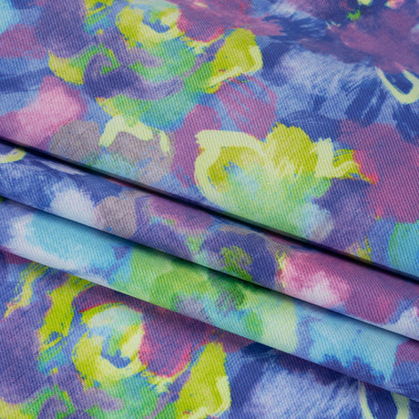Peached Polyester Twill - Pink, Ultramarine and Lime Green Painted Flowers - Mood Exclusive Painted Posies Print