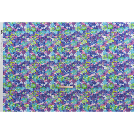 Peached Polyester Twill - Pink, Ultramarine and Lime Green Painted Flowers - Mood Exclusive Painted Posies Print