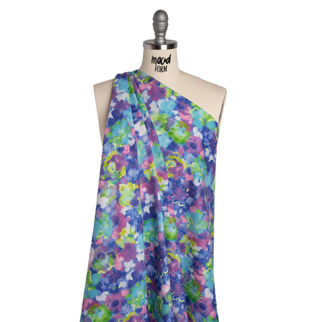 Peached Polyester Twill - Pink, Ultramarine and Lime Green Painted Flowers - Mood Exclusive Painted Posies Print