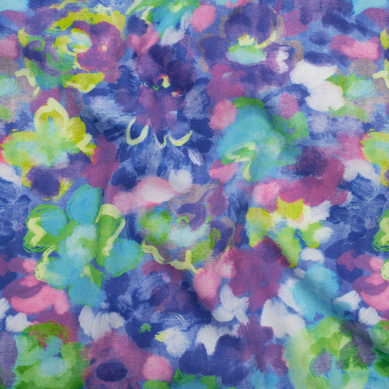Peached Polyester Twill - Pink, Ultramarine and Lime Green Painted Flowers - Mood Exclusive Painted Posies Print
