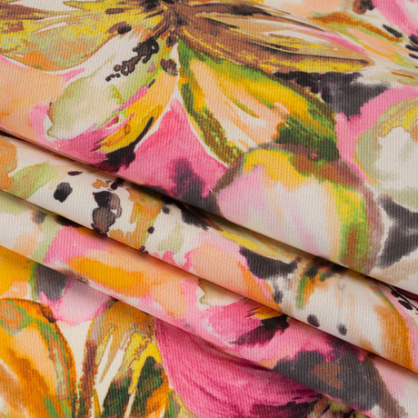 Peached Polyester Twill - Pink, Yellow and Black Watercolor Hibiscus - Mood Exclusive Hibiscus Haze Print