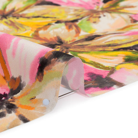 Peached Polyester Twill - Pink, Yellow and Black Watercolor Hibiscus - Mood Exclusive Hibiscus Haze Print