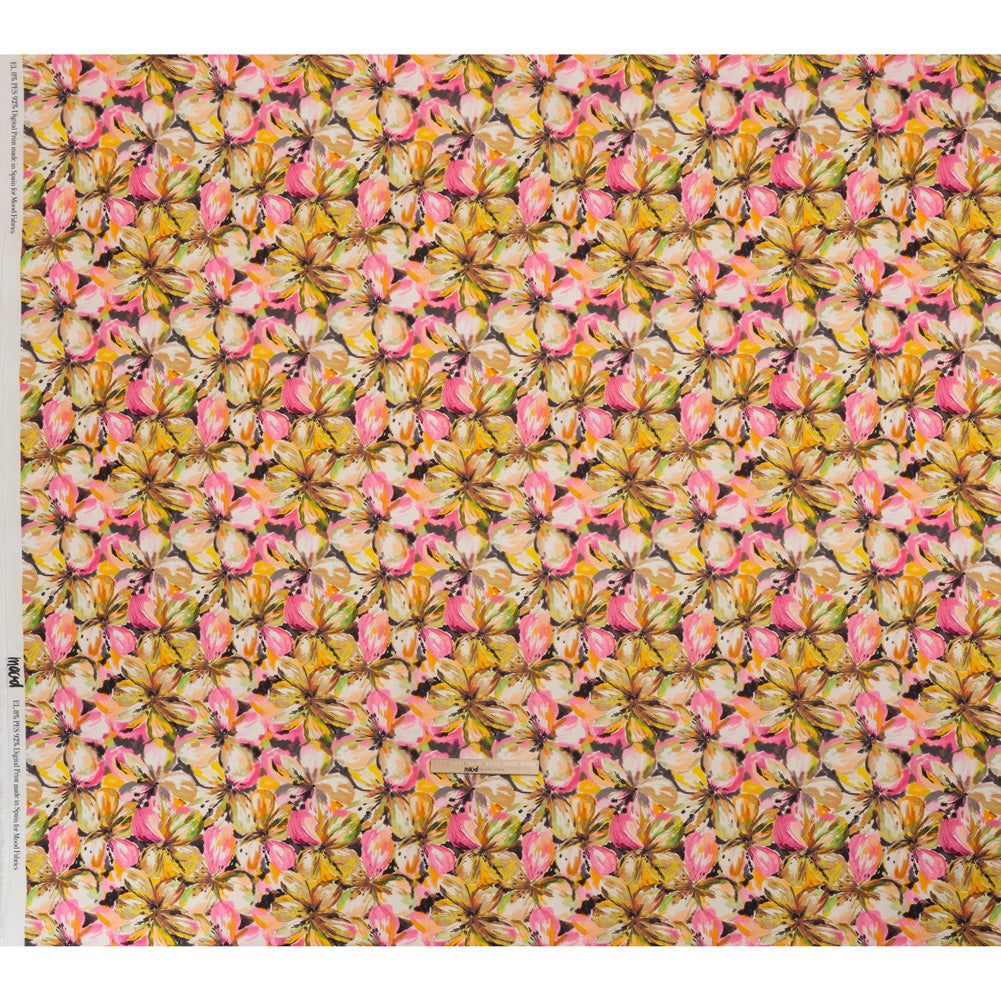 Peached Polyester Twill - Pink, Yellow and Black Watercolor Hibiscus - Mood Exclusive Hibiscus Haze Print
