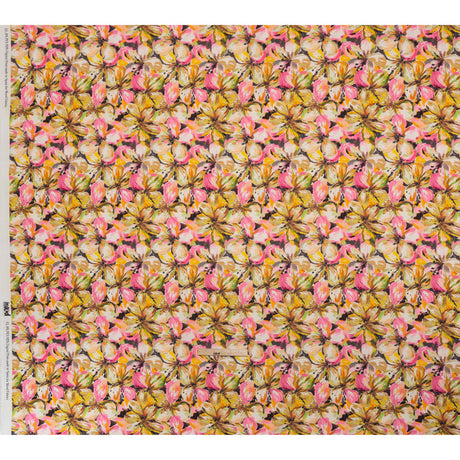 Peached Polyester Twill - Pink, Yellow and Black Watercolor Hibiscus - Mood Exclusive Hibiscus Haze Print