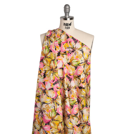 Peached Polyester Twill - Pink, Yellow and Black Watercolor Hibiscus - Mood Exclusive Hibiscus Haze Print