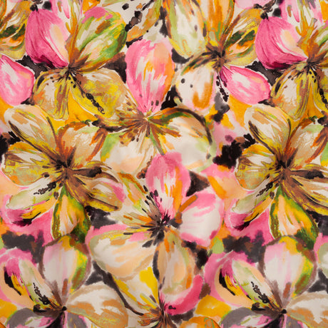 Peached Polyester Twill - Pink, Yellow and Black Watercolor Hibiscus - Mood Exclusive Hibiscus Haze Print