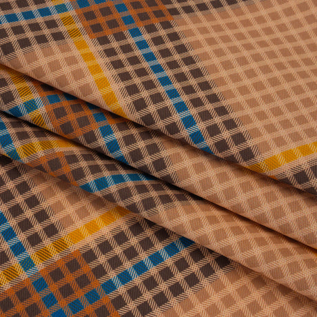 Peached Polyester Twill - Brown, Blue and Yellow Plaid - Mood Exclusive Plot Point Print