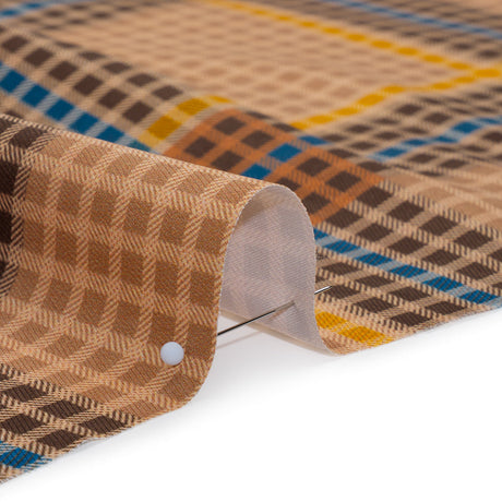 Peached Polyester Twill - Brown, Blue and Yellow Plaid - Mood Exclusive Plot Point Print